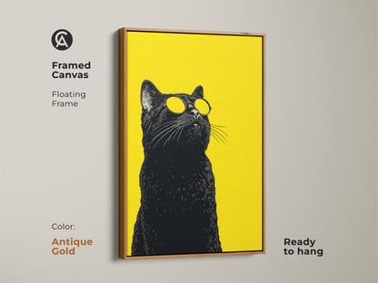 Framed canvas art of a black cat wearing sunglasses set against a bright yellow backdrop. This pop art canvas art with an antique gold floating frame is ready to hang. It's perfect for cat people.