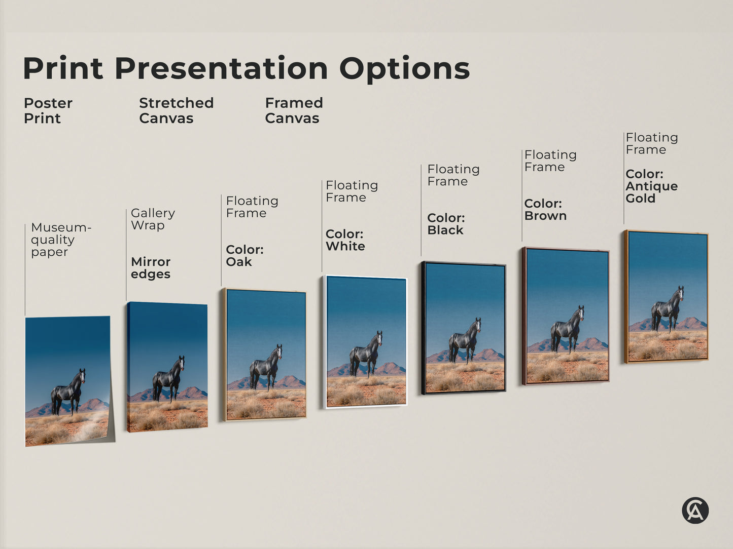 Explore print presentation options for equestrian wall artwork. Choose from poster prints stretched canvas or framed canvas. Various frame colors available including black brown and antique gold. Find the perfect style for your modern farmhouse decor.