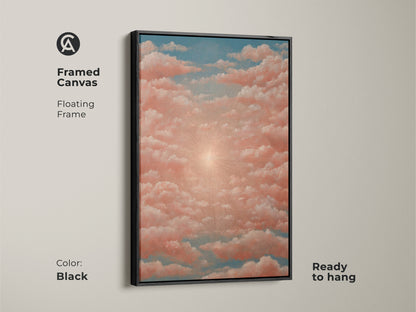 Residential wall hanging displaying a beautiful coral pink and blue palette. This canvas print features a dreamy surrealist interpretation of a sunset. Its boho aesthetic makes it perfect for any space.