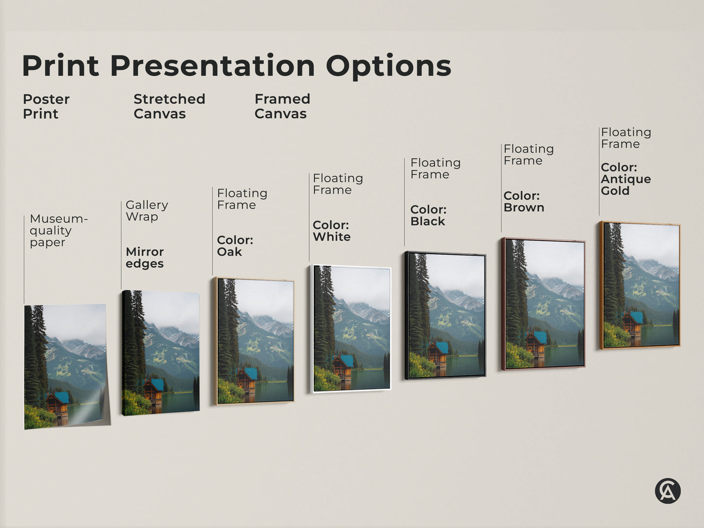 Print Presentation Options include Poster Print Stretched Canvas and Framed Canvas. Choose from gallery wrap museum quality paper and floating frames. Find the perfect option for your rustic cabin landscape print.
