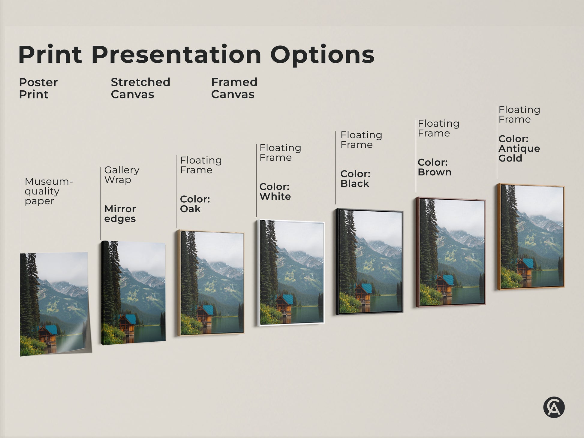Print Presentation Options include Poster Print Stretched Canvas and Framed Canvas. Choose from gallery wrap museum quality paper and floating frames. Find the perfect option for your rustic cabin landscape print.