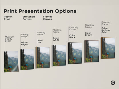Print Presentation Options include Poster Print Stretched Canvas and Framed Canvas. Choose from gallery wrap museum quality paper and floating frames. Find the perfect option for your rustic cabin landscape print.