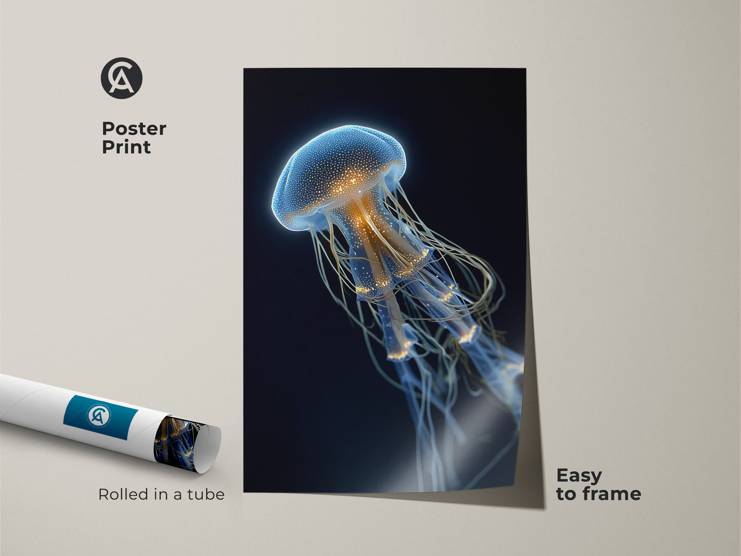 Poster print of a surreal jellyfish rolled in a tube. The electric blue and golden yellow ocean art is easy to frame. This minimalist marine decor brings an artistic jellyfish canvas to your walls. A fine art jellyfish print this unique wall hanging decor is perfect for modern ocean abstract art lovers.