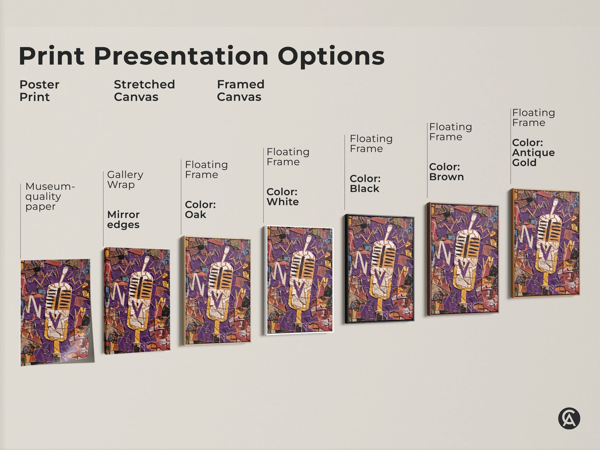 Explore print presentation options for abstract music collage wall art. Choose from poster prints stretched canvas and framed canvas options. Each features a retro microphone print with a purple and yellow sound wave motif. Museum-quality paper gallery wrap and floating frames are available.