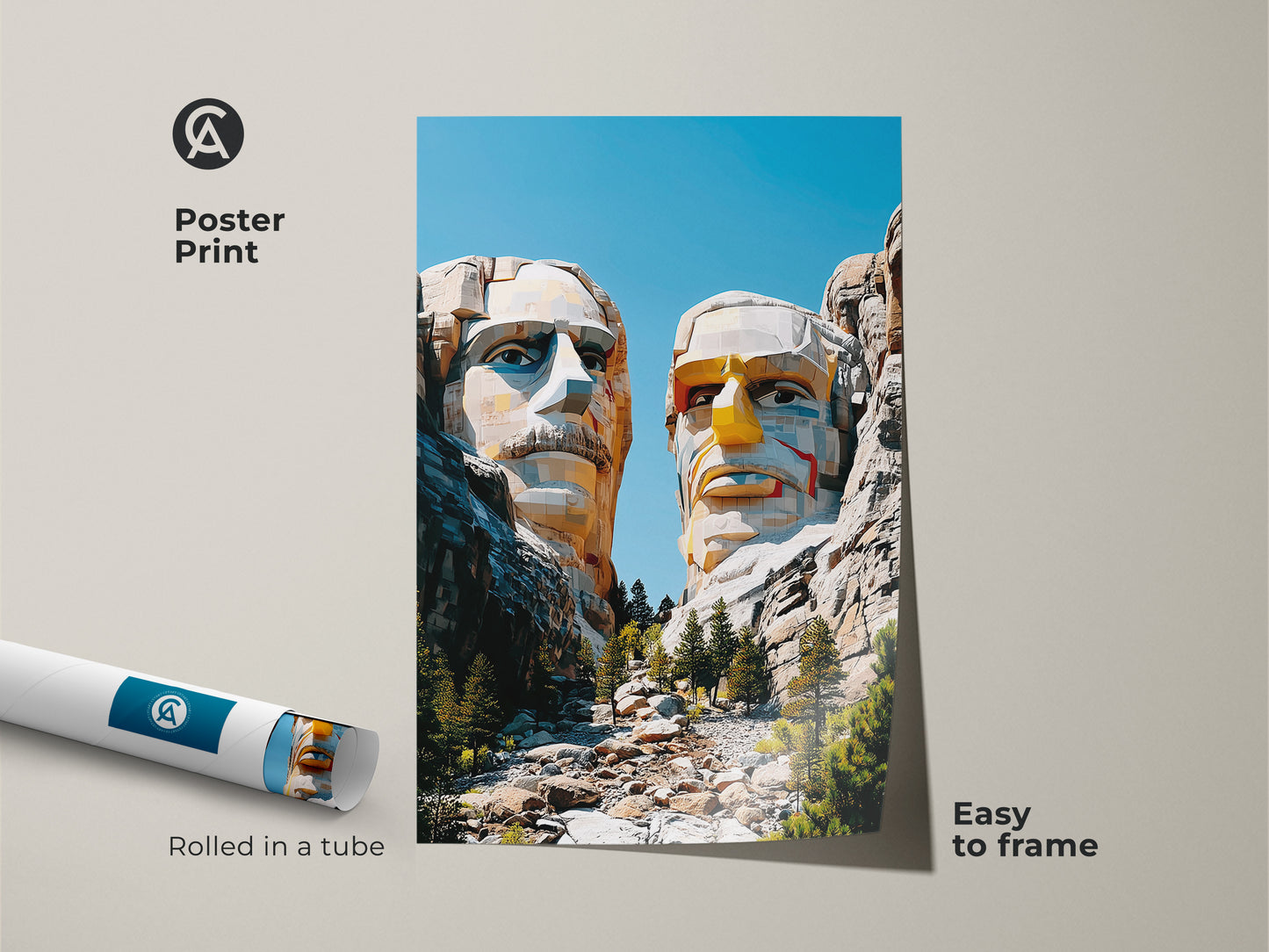 Poster print of geometric Mount Rushmore. This abstract sculpture artwork is rolled in a tube for easy framing. Beige yellow and blue canvas makes a unique Americana pop art piece. Great for study room wall hanging.
