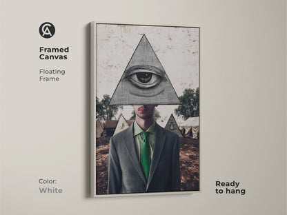 White framed canvas showcasing surrealist collage art. The Pyramid Man print with an all-seeing eye. Add symbolic green wall decor to your office with this eclectic artwork.