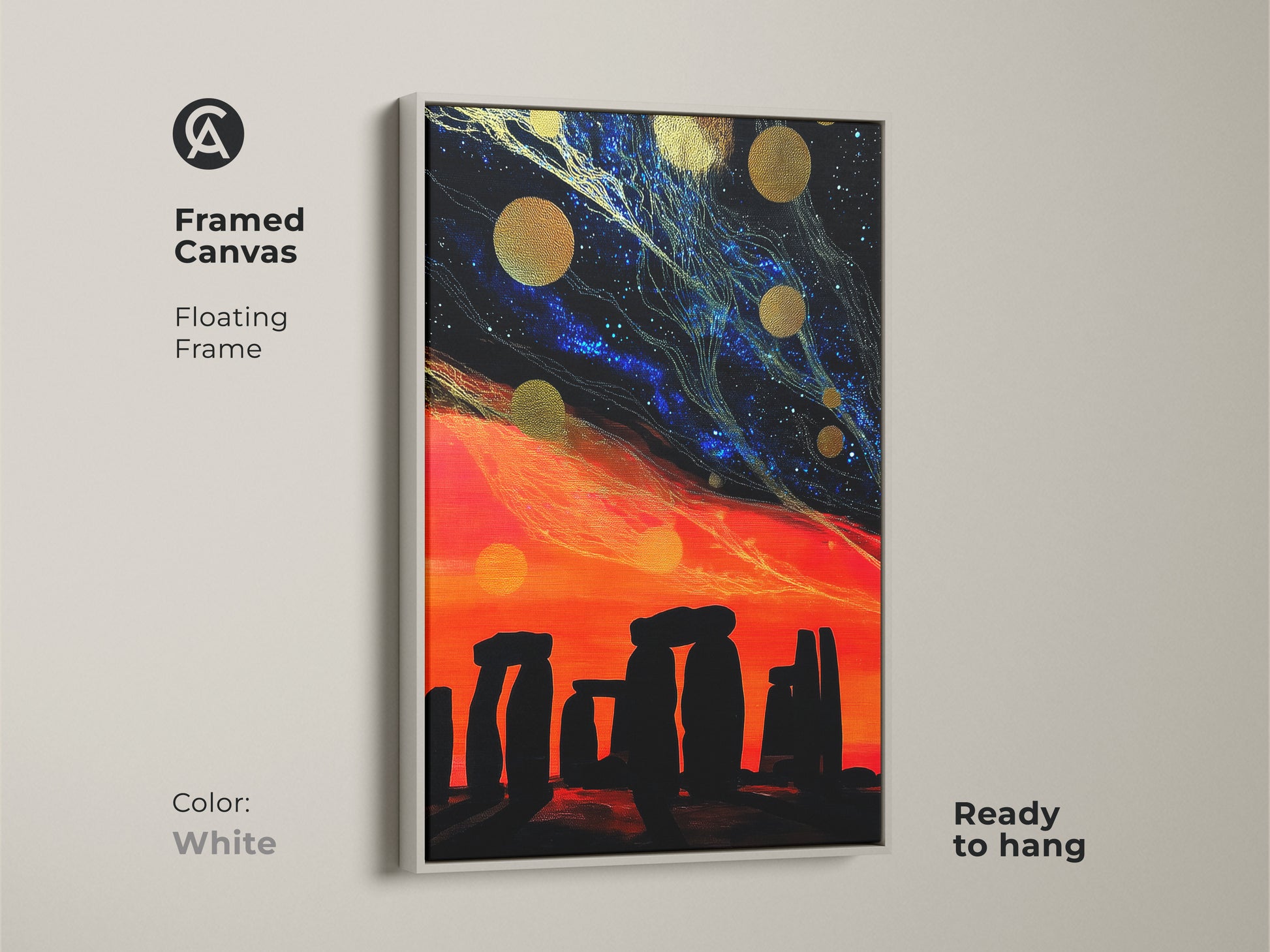 White framed canvas abstract Stonehenge. Features a cosmic night sky and a fantasy landscape painting. Eclectic celestial art for your walls. This unique artwork is ready to hang. Perfect for a bedroom wall art cosmic theme.