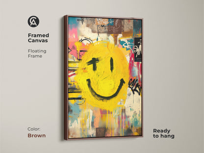 This framed canvas art showcases a graffiti smiley face. It is set in a warm brown floating frame. This ready-to-hang artwork brings an artistic touch. The art elevates your home decor with its urban charm.