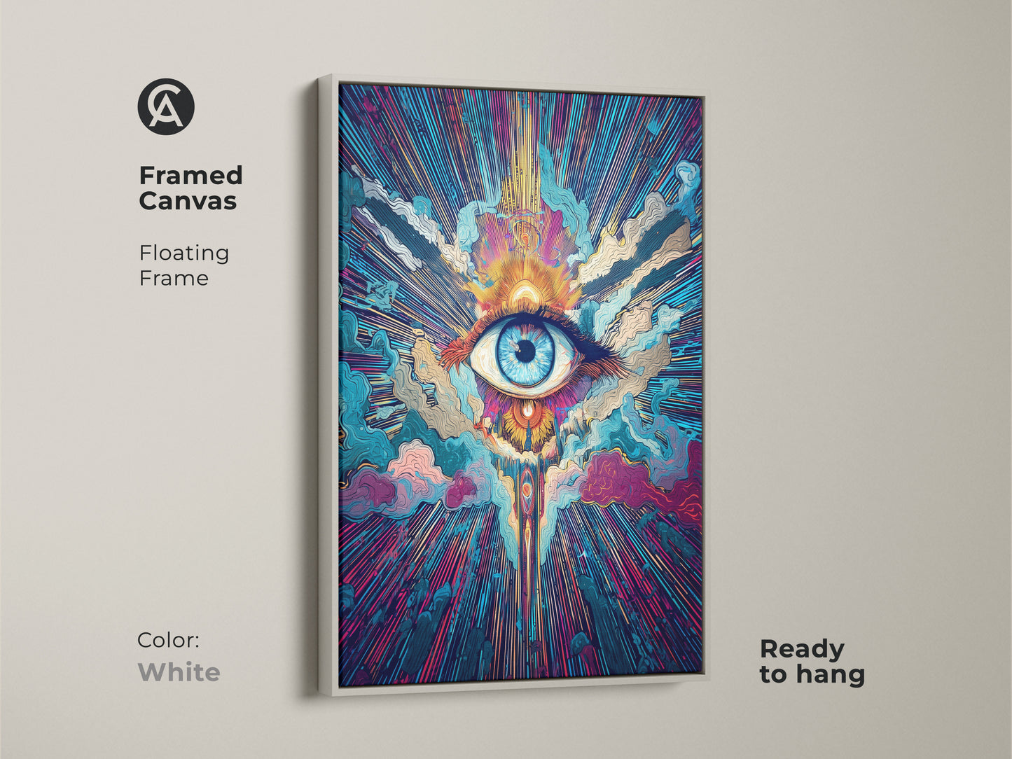 Framed canvas art in white is ready to hang. The psychedelic eye wall art features a floating frame. Spiritual sunburst canvas art brings cosmic abstract vision. Teal orange and blue artwork enhances meditation room decor.