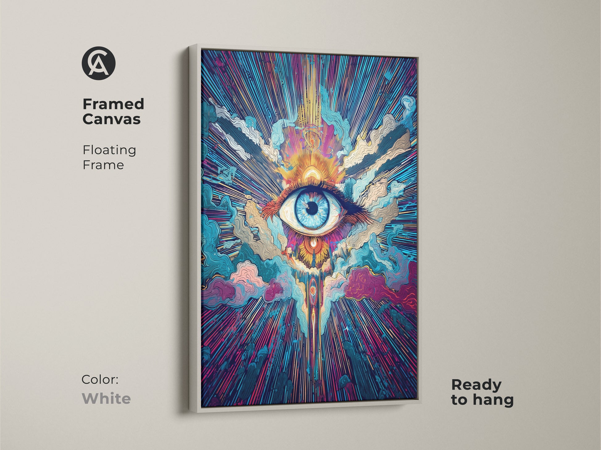Framed canvas art in white is ready to hang. The psychedelic eye wall art features a floating frame. Spiritual sunburst canvas art brings cosmic abstract vision. Teal orange and blue artwork enhances meditation room decor.