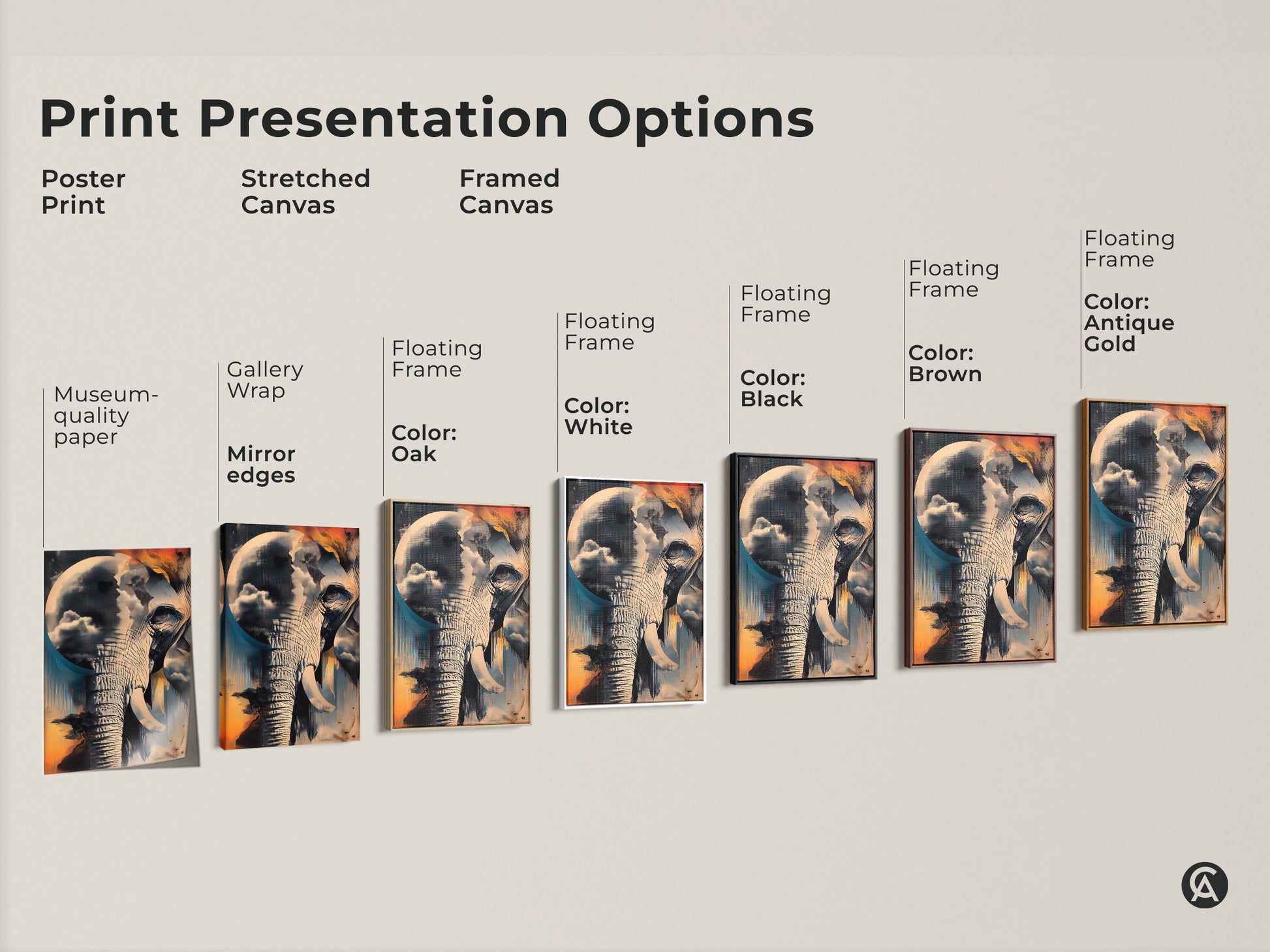 Explore print presentation options with this surreal elephant art. Choose from poster prints on museum-quality paper to stretched canvas with gallery wrap edges. Framed canvas options are available in oak white black brown and antique gold floating frames. Find the ideal format for your abstract animal art.
