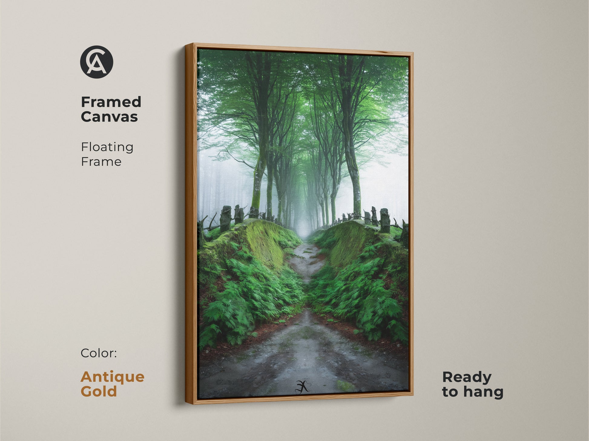 Framed canvas of a misty forest path with an antique gold floating frame. The emerald green hues and tree-lined road capture a Scandinavian woodland landscape. Ready to hang this nature wall decor enhances your living space. A stunning housewarming gift.