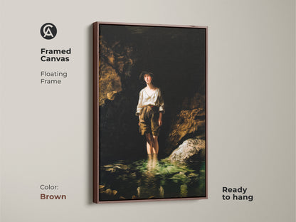 Framed canvas with a floating brown frame featuring a boy in a river. This classical realism painting is ready to hang. The traditional style complements any home. This art piece will enhance your traditional home decor art.