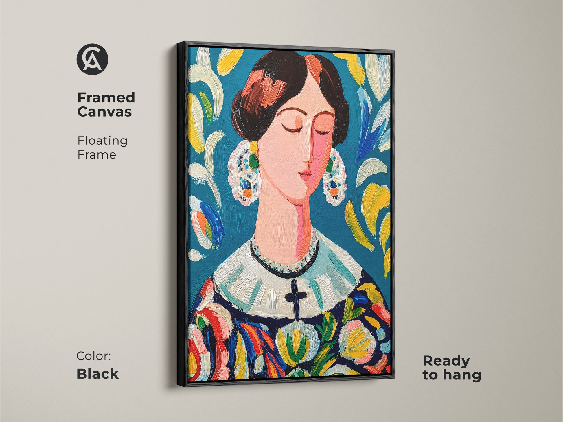 Framed canvas artwork with a floating black frame. Ready to hang art showcasing a beautiful woman. The lady features a colorful dress and ornate earrings. This piece adds elegance to any room. A sophisticated choice for art lovers.