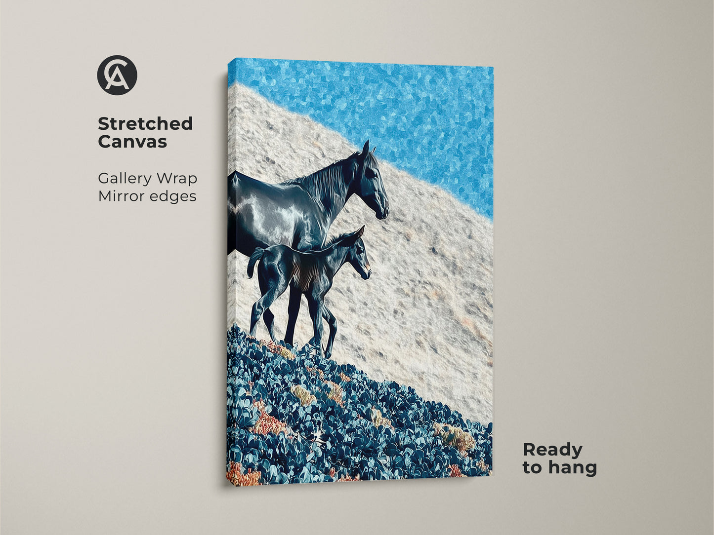 Stretched canvas print showcases a rustic horse and foal. The impressionistic animal wall decor has mirror edges. The deep blue sky art is ready to hang. This equestrian bedroom decor adds natural beauty.