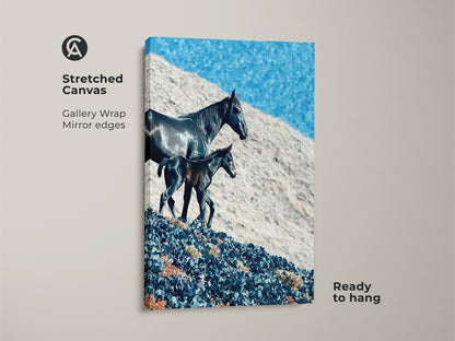 Stretched canvas print showcases a rustic horse and foal. The impressionistic animal wall decor has mirror edges. The deep blue sky art is ready to hang. This equestrian bedroom decor adds natural beauty.