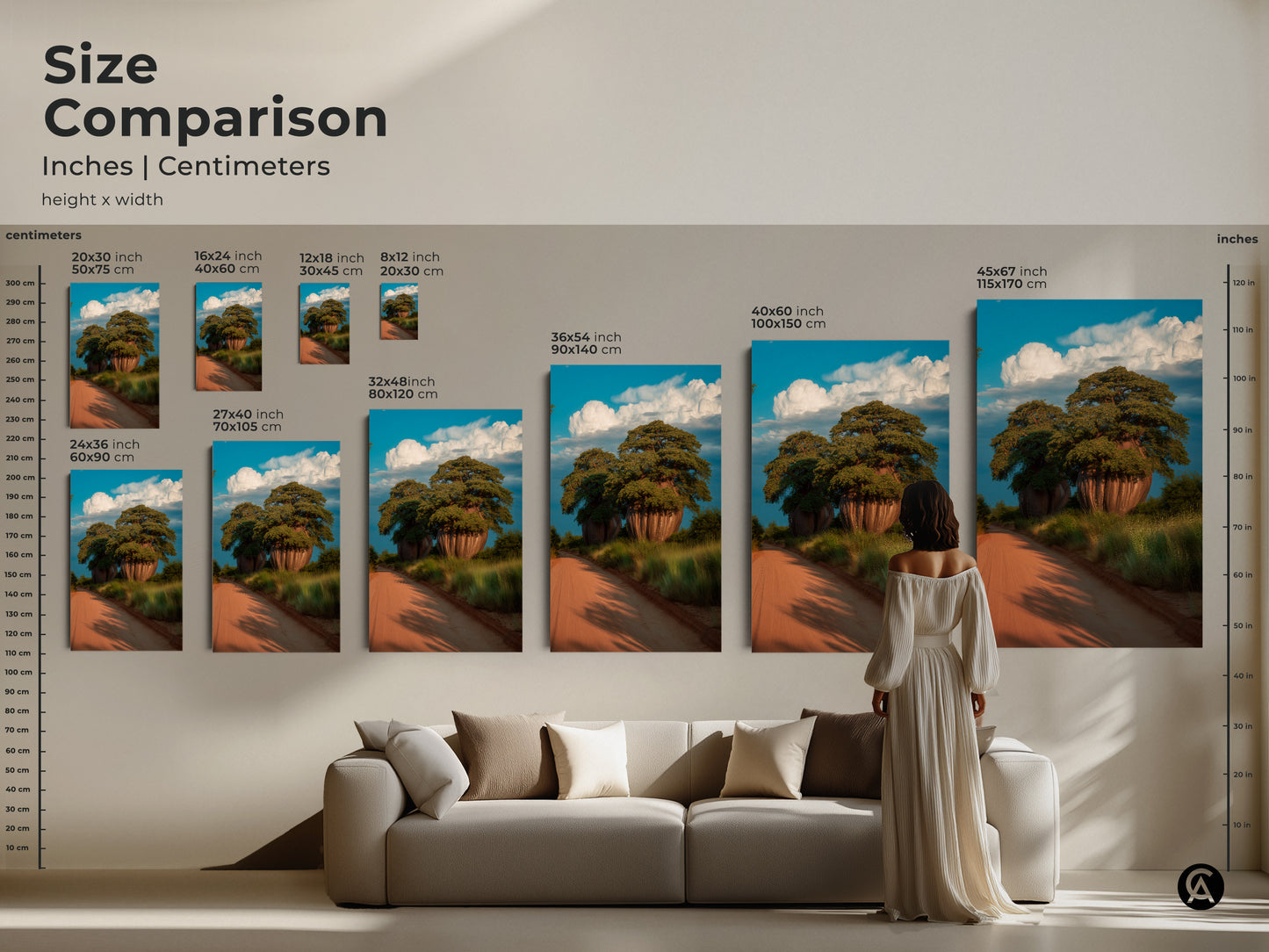 Size comparison of scenic baobab tree artwork. Various sizes available from small to extra-large. This canvas art makes a statement in any room. It's ideal African art for boho home decor. A perfect travel gift idea.