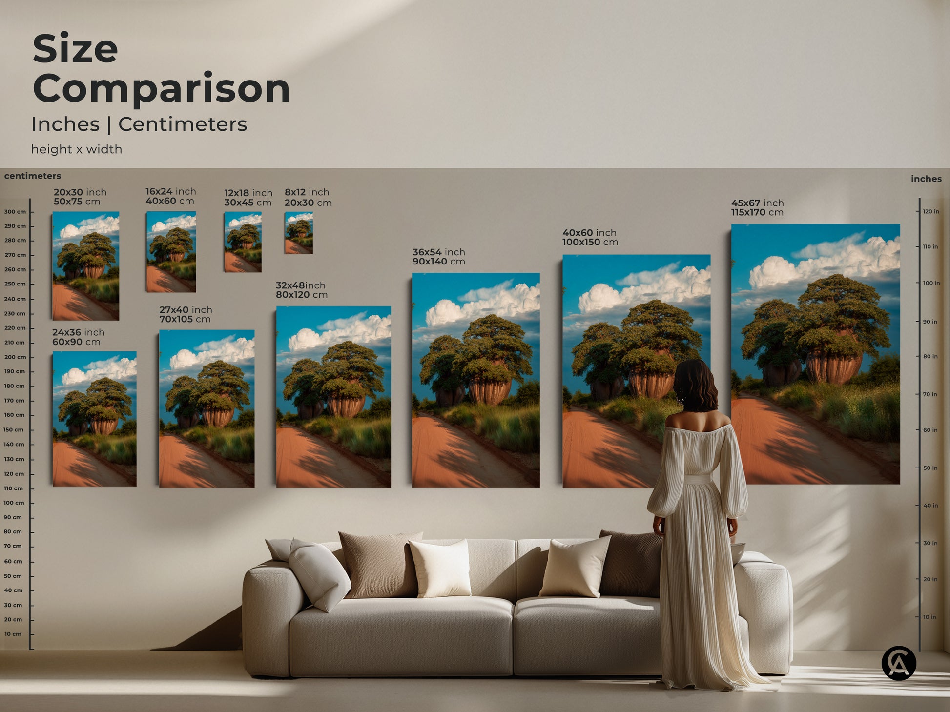 Size comparison of scenic baobab tree artwork. Various sizes available from small to extra-large. This canvas art makes a statement in any room. It's ideal African art for boho home decor. A perfect travel gift idea.