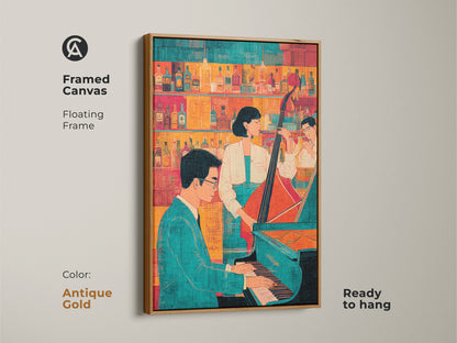 Framed canvas with a floating frame in antique gold featuring a jazz band. Ready to hang this turquoise orange artwork adds elegance. Ideal for music venue wall hanging and retro jazz poster decor.