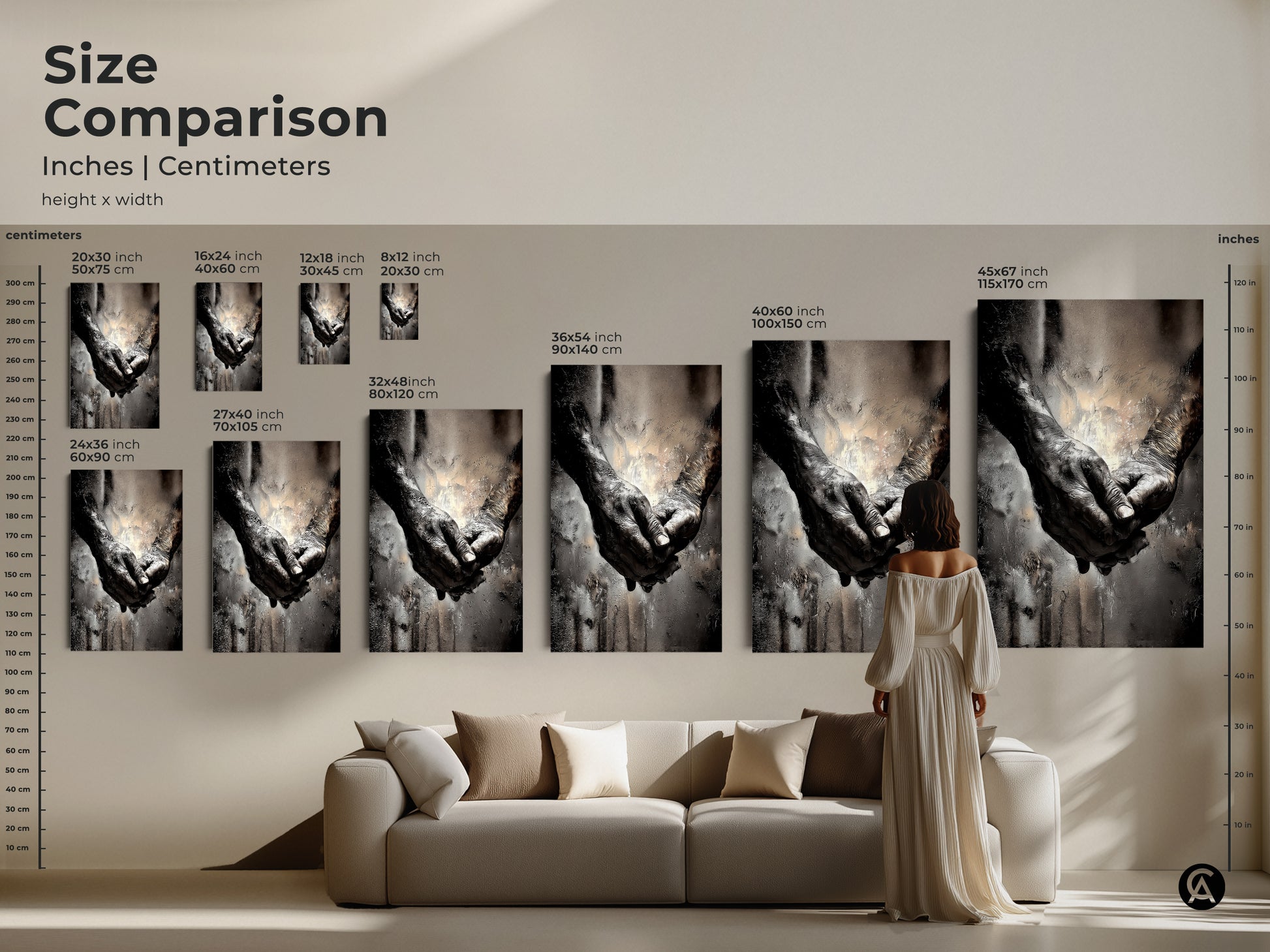 Size comparison of monochrome elderly hands art prints. Ranging from 8x12 to 45x67 inches. This abstract artwork symbolizing human connection is ideal for bedroom or living room decor.