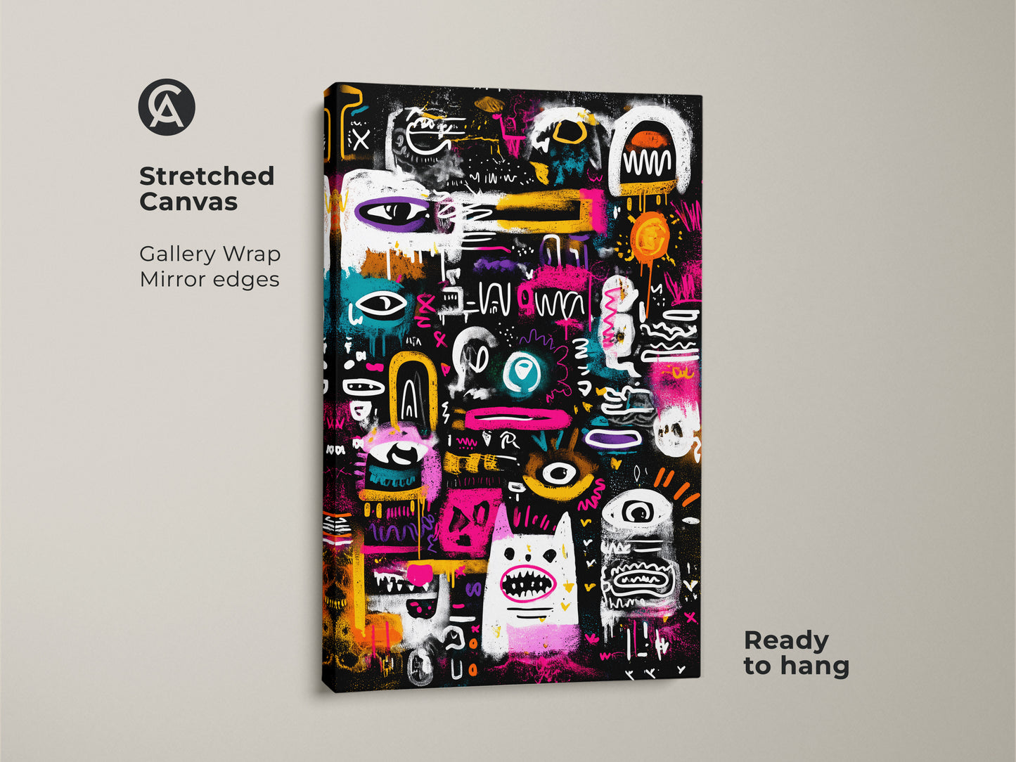 Stretched canvas featuring a gallery wrap and mirror edges. This ready-to-hang artwork showcases a black background with colorful graffiti-style art. Perfect for adding a modern touch to your home decor collection.