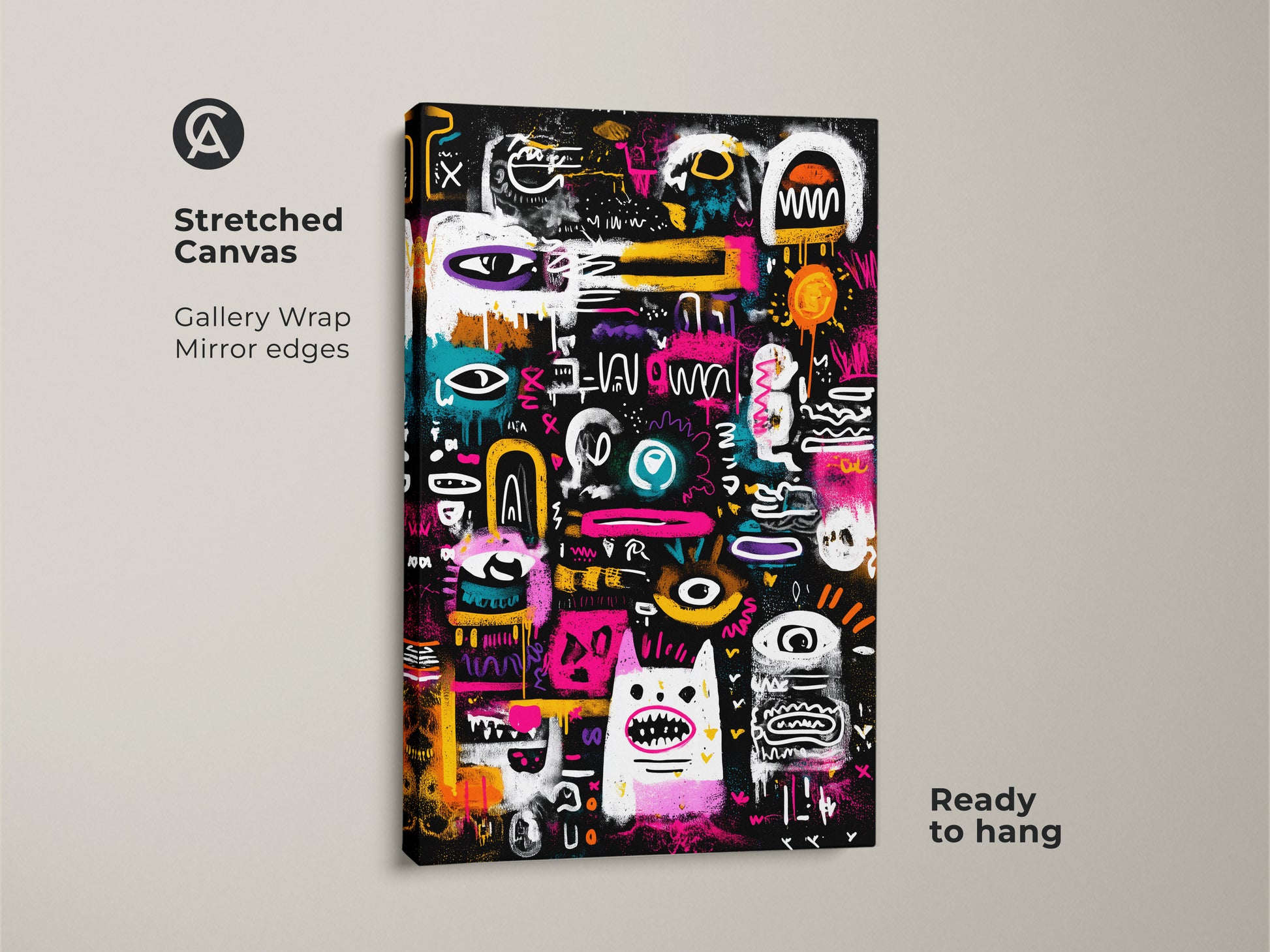 Stretched canvas featuring a gallery wrap and mirror edges. This ready-to-hang artwork showcases a black background with colorful graffiti-style art. Perfect for adding a modern touch to your home decor collection.