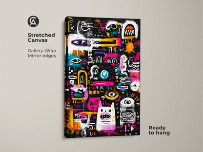 Stretched canvas featuring a gallery wrap and mirror edges. This ready-to-hang artwork showcases a black background with colorful graffiti-style art. Perfect for adding a modern touch to your home decor collection.