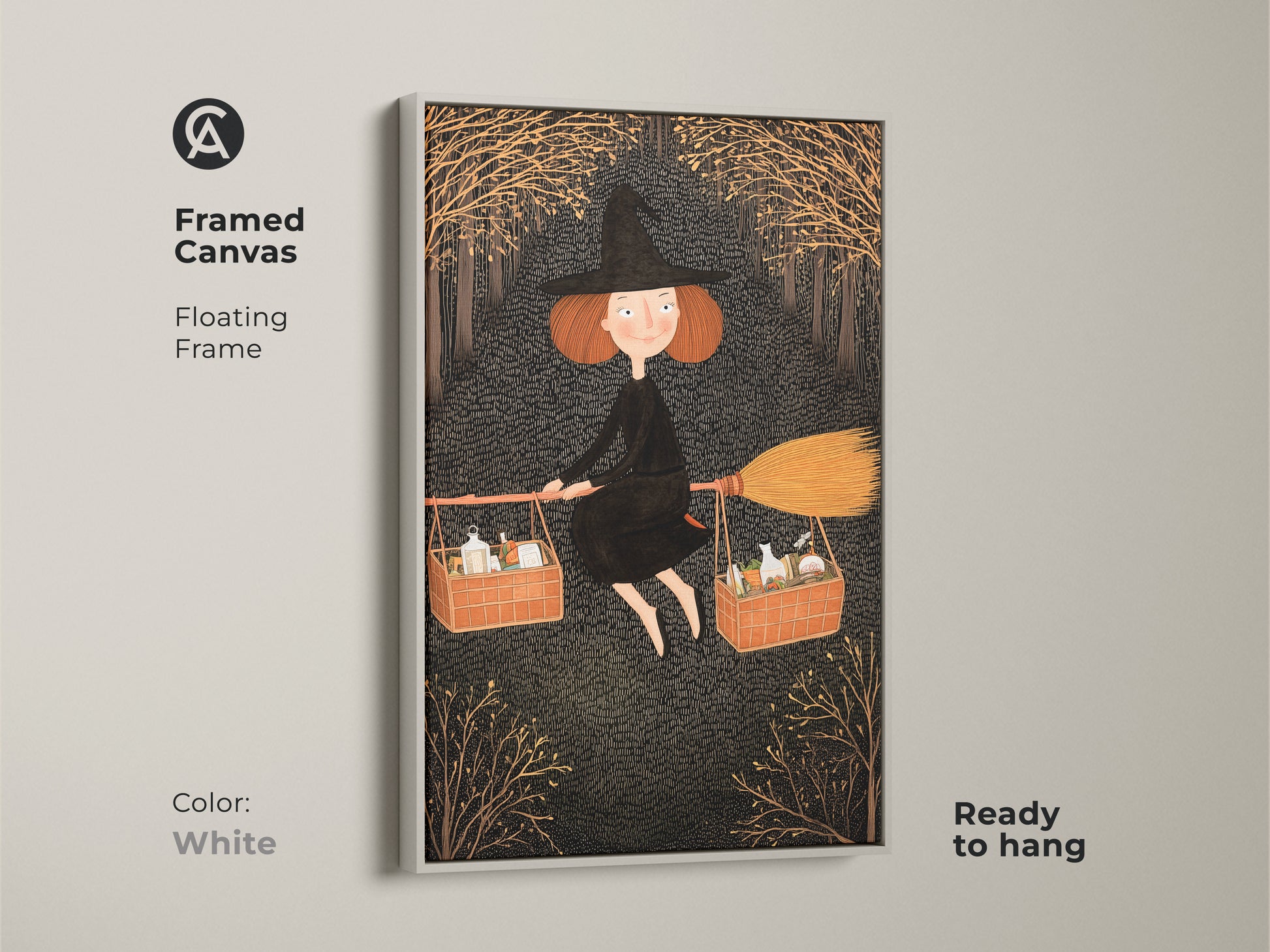 A framed canvas with a white frame shows black and gold witch artwork. Ideal for Halloween themed decor. A charming fantasy creature art print for kids. Enhances any room with a touch of magic. Ready to hang