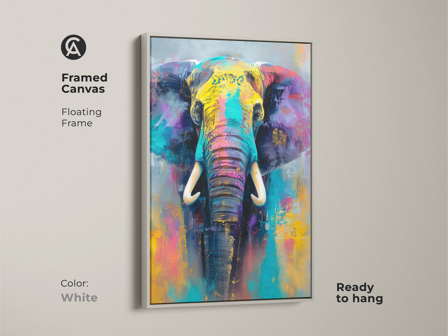 Framed canvas featuring a colorful elephant artwork in a floating frame. The white frame creates a clean modern look enhancing the vivid colors of the painting. This ready-to-hang piece is perfect for any space.