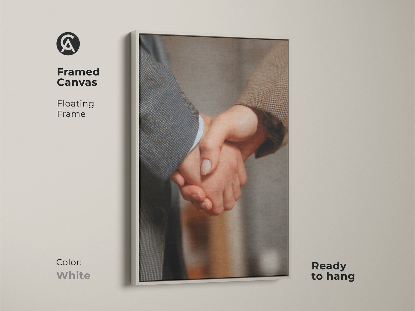 Framed canvas showcasing handshake artwork with a white floating frame. Ready to hang. This business partnership canvas art represents corporate success. Perfect for modern office decor. A professional gift option. Its neutral colors add sophistication.