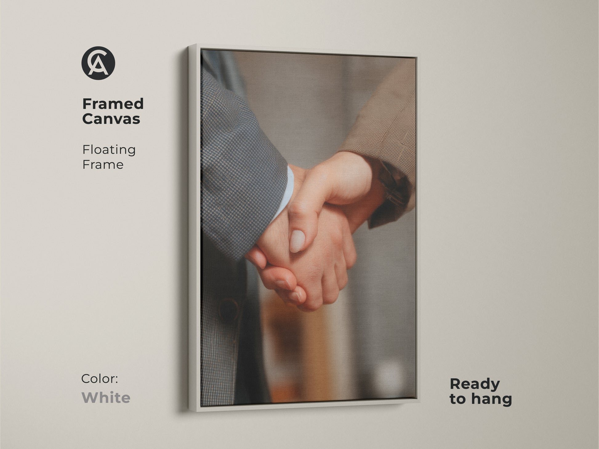 Framed canvas showcasing handshake artwork with a white floating frame. Ready to hang. This business partnership canvas art represents corporate success. Perfect for modern office decor. A professional gift option. Its neutral colors add sophistication.