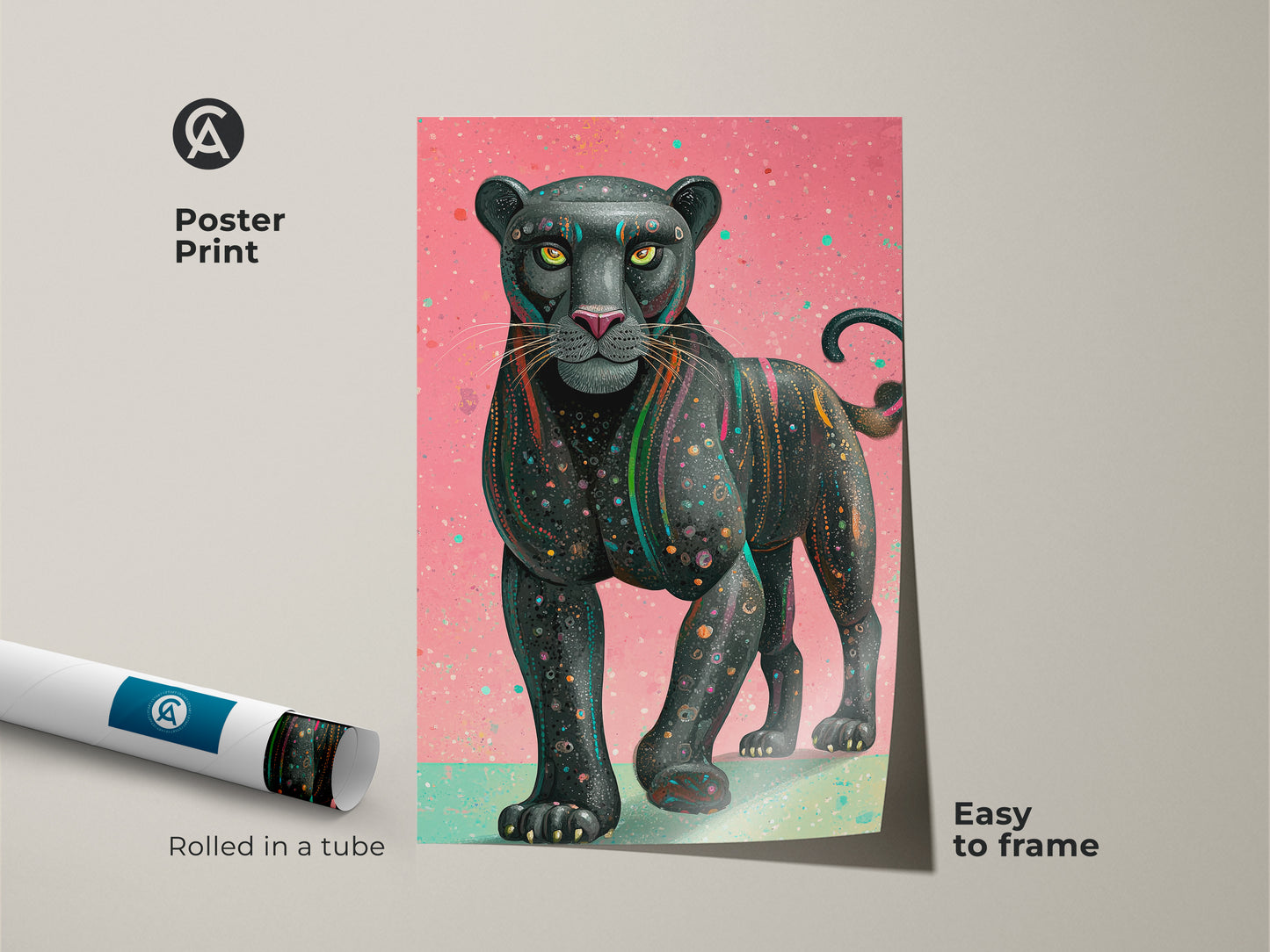 A pink teal geometric panther art print is displayed as a poster. This contemporary wildlife art showcases abstract animal artwork for an eclectic home. The print is rolled in a tube for easy framing. This black panther artwork adds a modern touch. It is an ideal gift for art enthusiasts and animal lovers seeking unique cat posters.