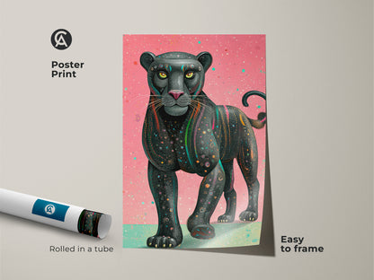 A pink teal geometric panther art print is displayed as a poster. This contemporary wildlife art showcases abstract animal artwork for an eclectic home. The print is rolled in a tube for easy framing. This black panther artwork adds a modern touch. It is an ideal gift for art enthusiasts and animal lovers seeking unique cat posters.