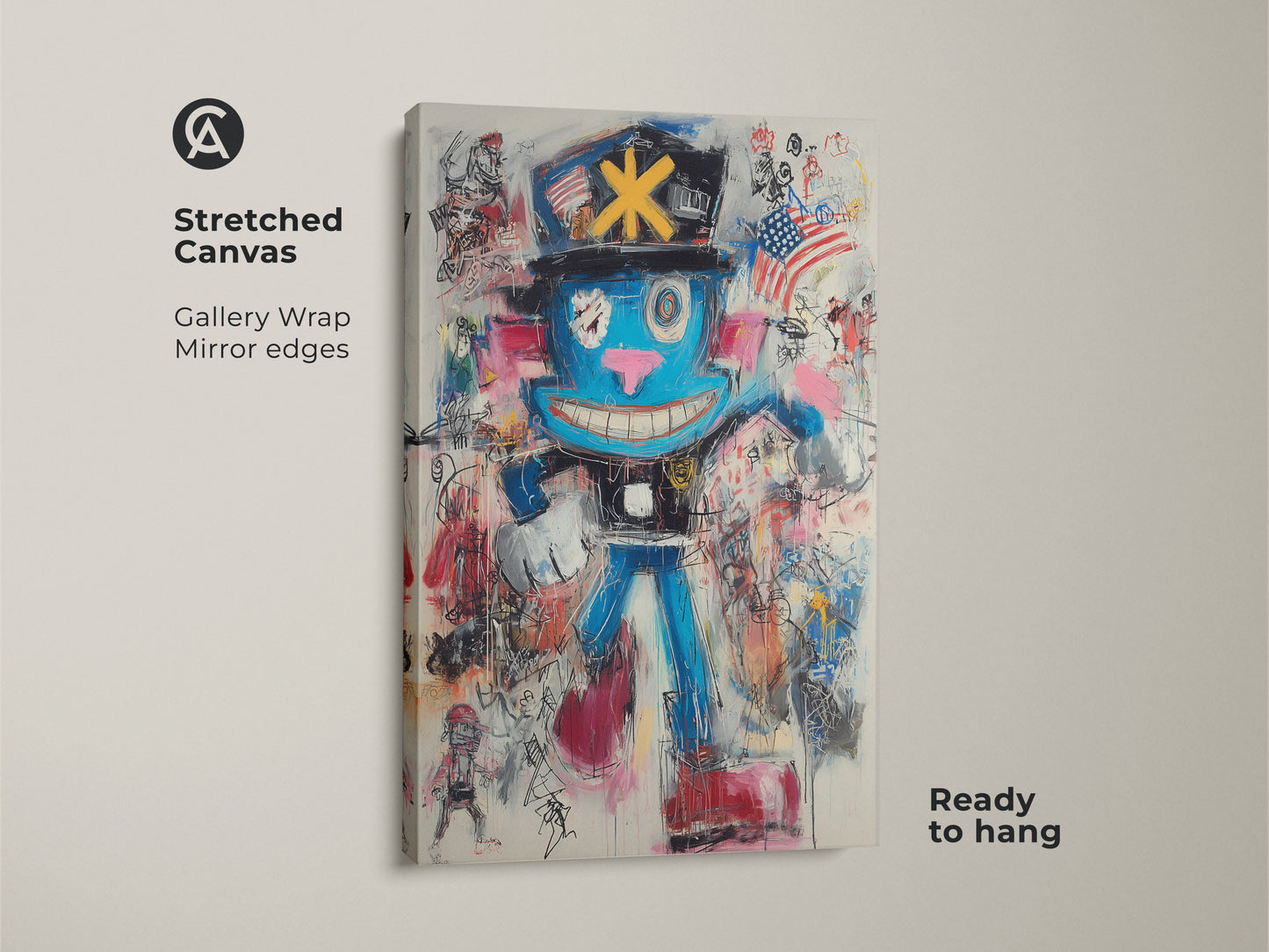 A poster print displays graffiti character art. The eclectic art features a blue abstract cartoon against white. This urban character painting is an expressionist wall art piece. Rolled in a tube this vibrant character print is easy to frame.