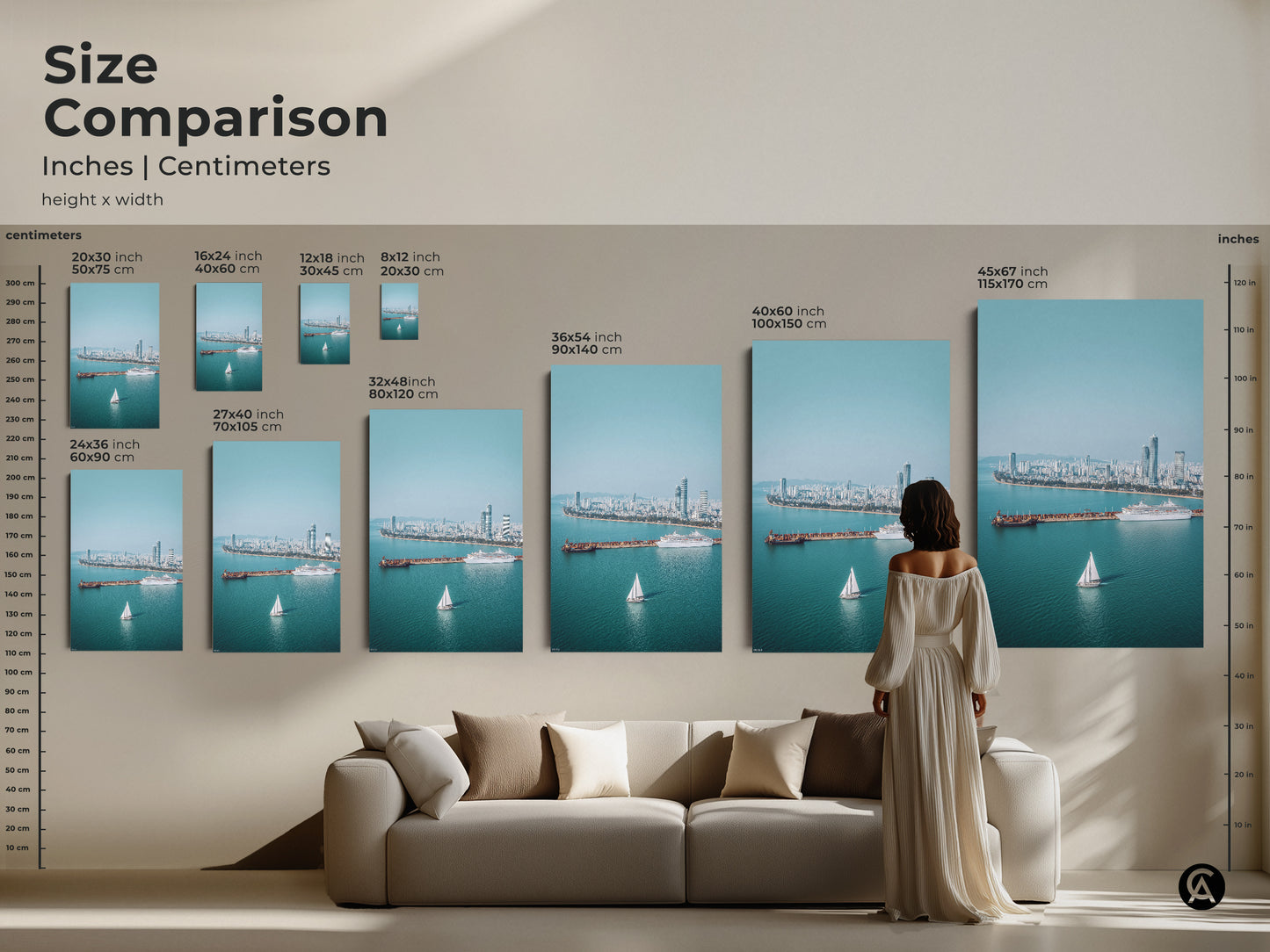 Size comparison of ocean cityscape art prints in inches and centimeters. Artwork available in various sizes to fit any space from small to large. Perfect as modern apartment art.