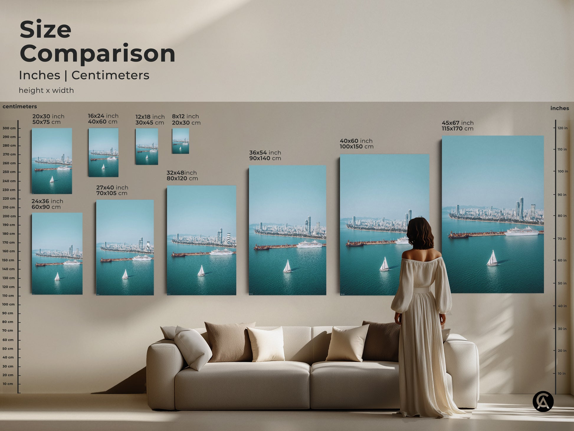 Size comparison of ocean cityscape art prints in inches and centimeters. Artwork available in various sizes to fit any space from small to large. Perfect as modern apartment art.