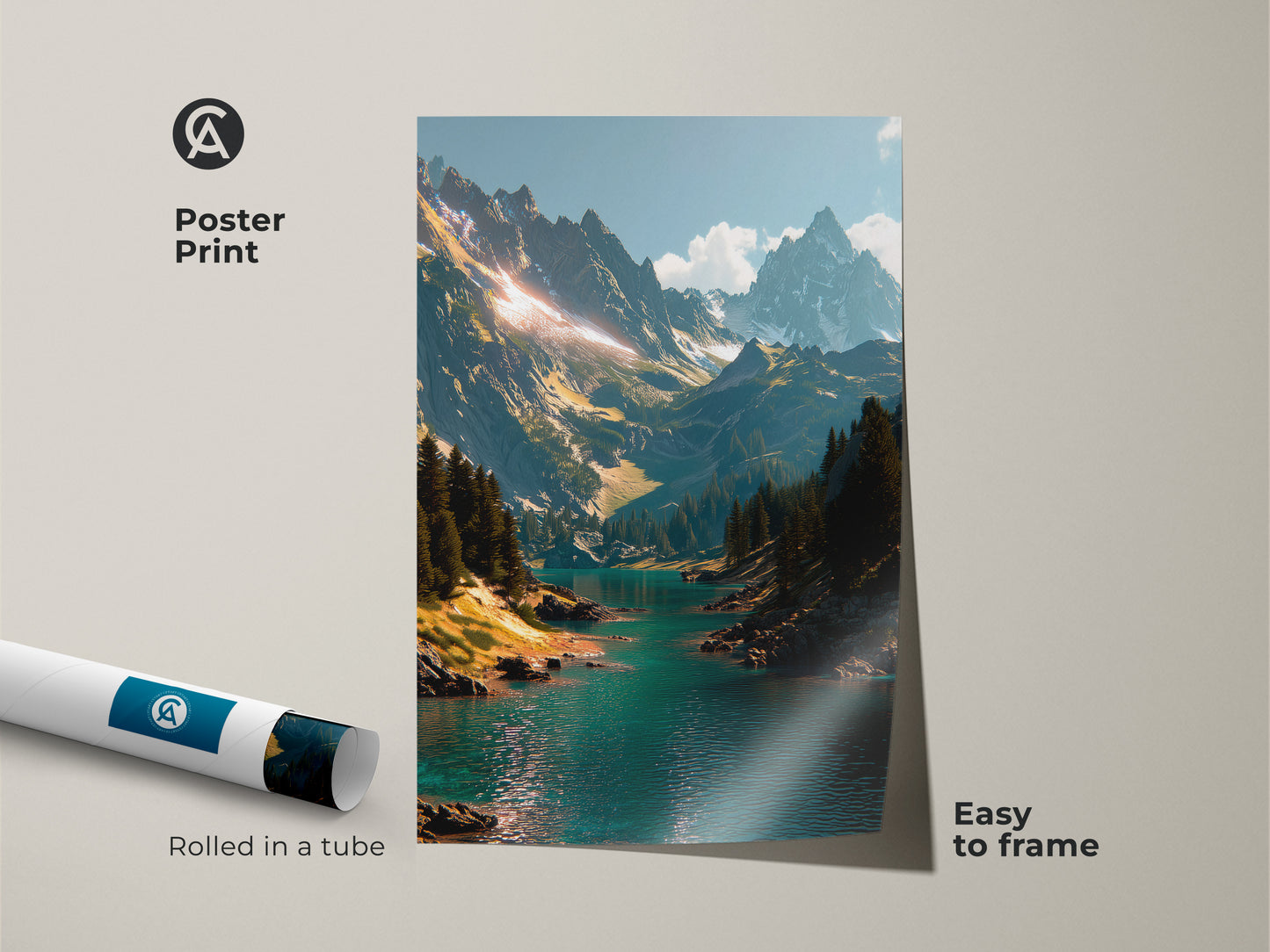 Poster print of a mountain landscape. The museum-quality paper art features a turquoise lake and majestic mountains. The poster print is easy to frame. A beautiful wall art option!
