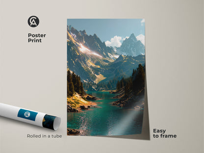 Poster print of a mountain landscape. The museum-quality paper art features a turquoise lake and majestic mountains. The poster print is easy to frame. A beautiful wall art option!