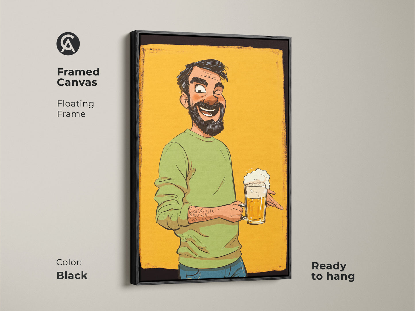 Framed Canvas shows the beer mug cartoon man art in a black floating frame. A funny gift for a beer lover. It's perfect eclectic wall art for man cave or bar decor. Ready to hang.