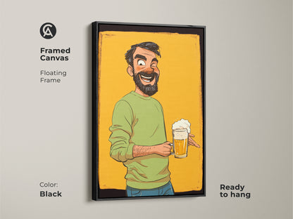 Framed Canvas shows the beer mug cartoon man art in a black floating frame. A funny gift for a beer lover. It's perfect eclectic wall art for man cave or bar decor. Ready to hang.