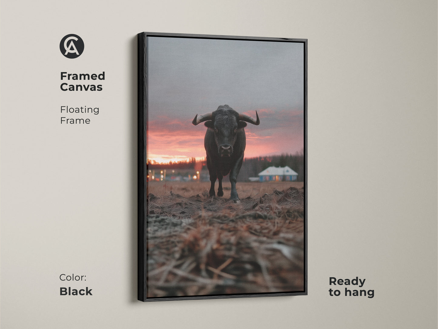 Black framed bull canvas art with a floating frame ready to hang. This rustic farmhouse wall decor features crimson orange grey animal art. It is an entryway home decor gift. The rural house landscape art adds character.