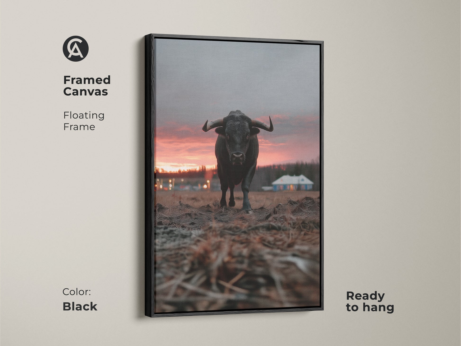 Black framed bull canvas art with a floating frame ready to hang. This rustic farmhouse wall decor features crimson orange grey animal art. It is an entryway home decor gift. The rural house landscape art adds character.