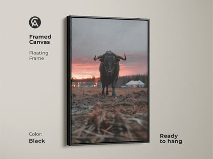 Black framed bull canvas art with a floating frame ready to hang. This rustic farmhouse wall decor features crimson orange grey animal art. It is an entryway home decor gift. The rural house landscape art adds character.