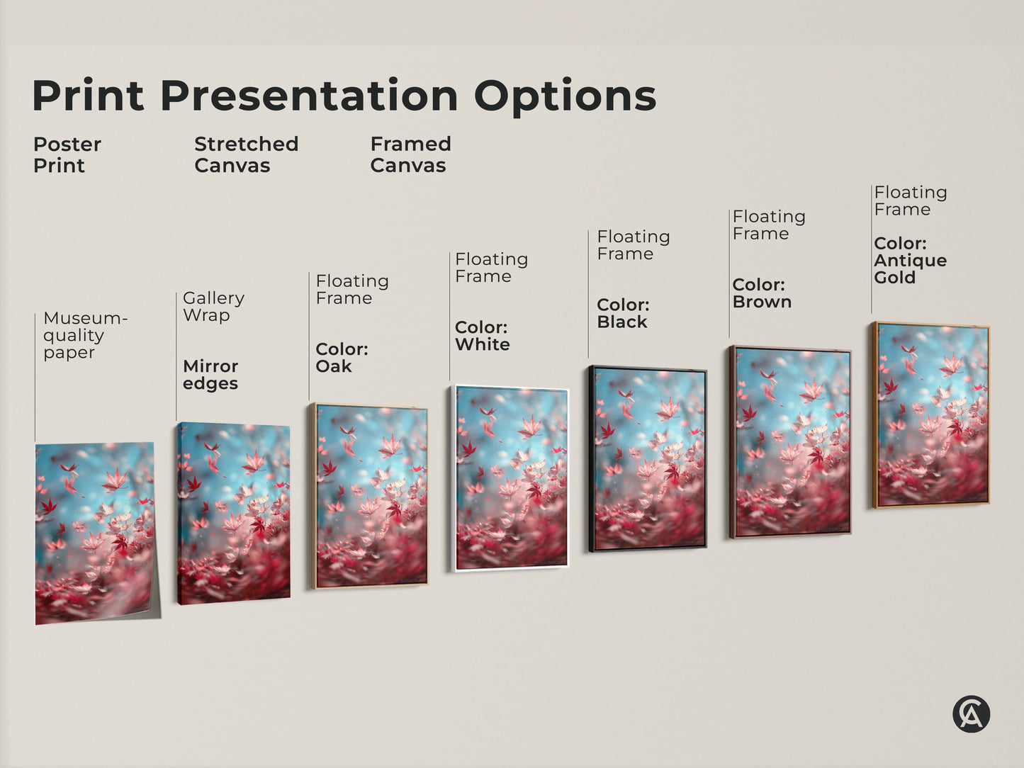 Explore print presentation options for museum-quality paper poster prints. Select stretched canvas with gallery wrap and floating frame canvas in oak white black brown or antique gold. Find the perfect artwork.