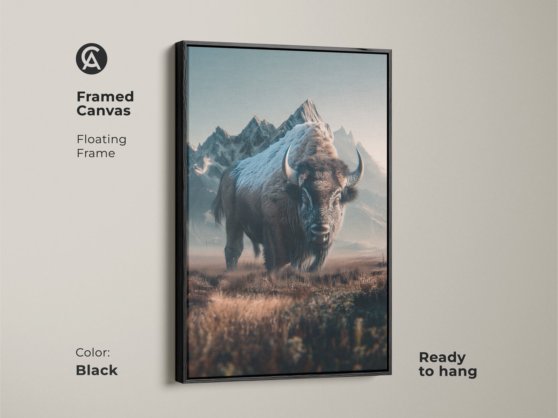 Framed canvas art showcasing a bison in its natural habitat. The floating frame adds depth to the artwork. Ready to hang this black-framed canvas brings a touch of wilderness to your home decor.