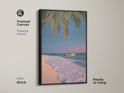 Framed canvas art with a black floating frame displaying a tropical beach scene. This coastal wall hanging features a palm tree and boat. The pink blue teal artwork is ready to hang. It's a serene ocean view art print.