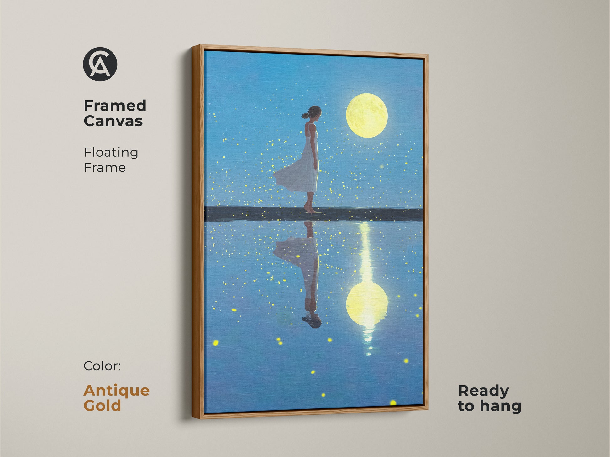 The framed canvas features a floating frame in antique gold. It displays a dreamy scene of a woman under the moon. This figurative artwork adds celestial charm. This ready to hang art complements eclectic decor.