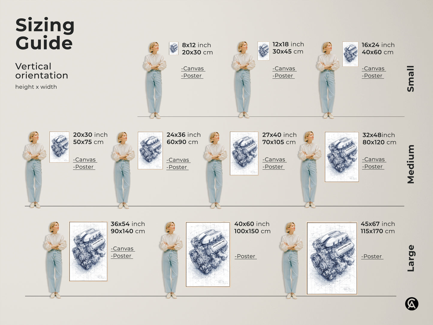 Sizing guide for Porsche engine blueprint wall art. Available in various sizes for canvas and poster prints. Visualize the perfect fit with a vertical orientation guide. Find the ideal automotive engineering art for your space.