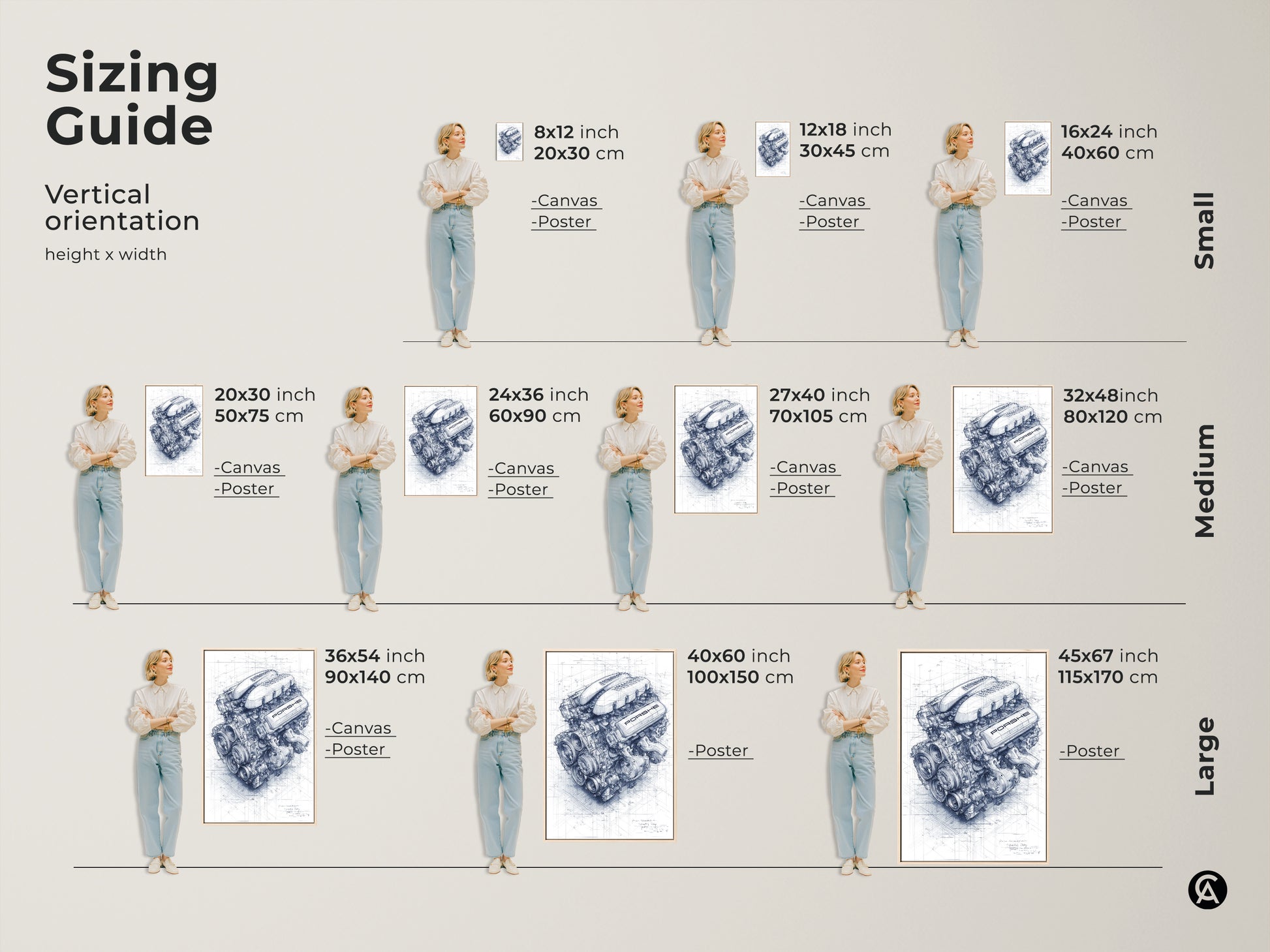 Sizing guide for Porsche engine blueprint wall art. Available in various sizes for canvas and poster prints. Visualize the perfect fit with a vertical orientation guide. Find the ideal automotive engineering art for your space.