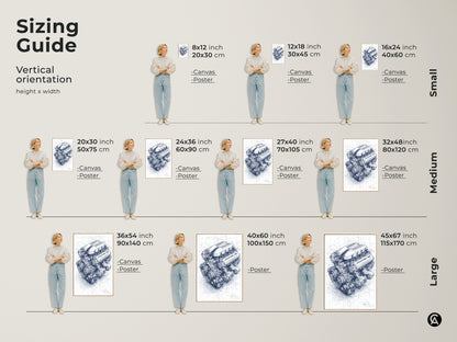 Sizing guide for Porsche engine blueprint wall art. Available in various sizes for canvas and poster prints. Visualize the perfect fit with a vertical orientation guide. Find the ideal automotive engineering art for your space.
